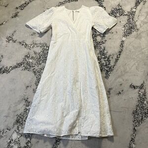Tinsel Dress Juniors Size XL White Eyelet Cotton V Neck Midi Front Slit Lined